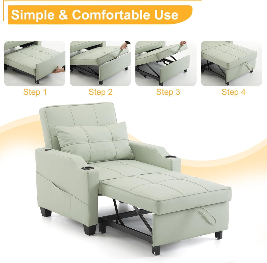 Karl home Sleeper Chair 3-in-1 Pull Out Sofa Bed with USB Ports, PU Leather Mint Green S3213