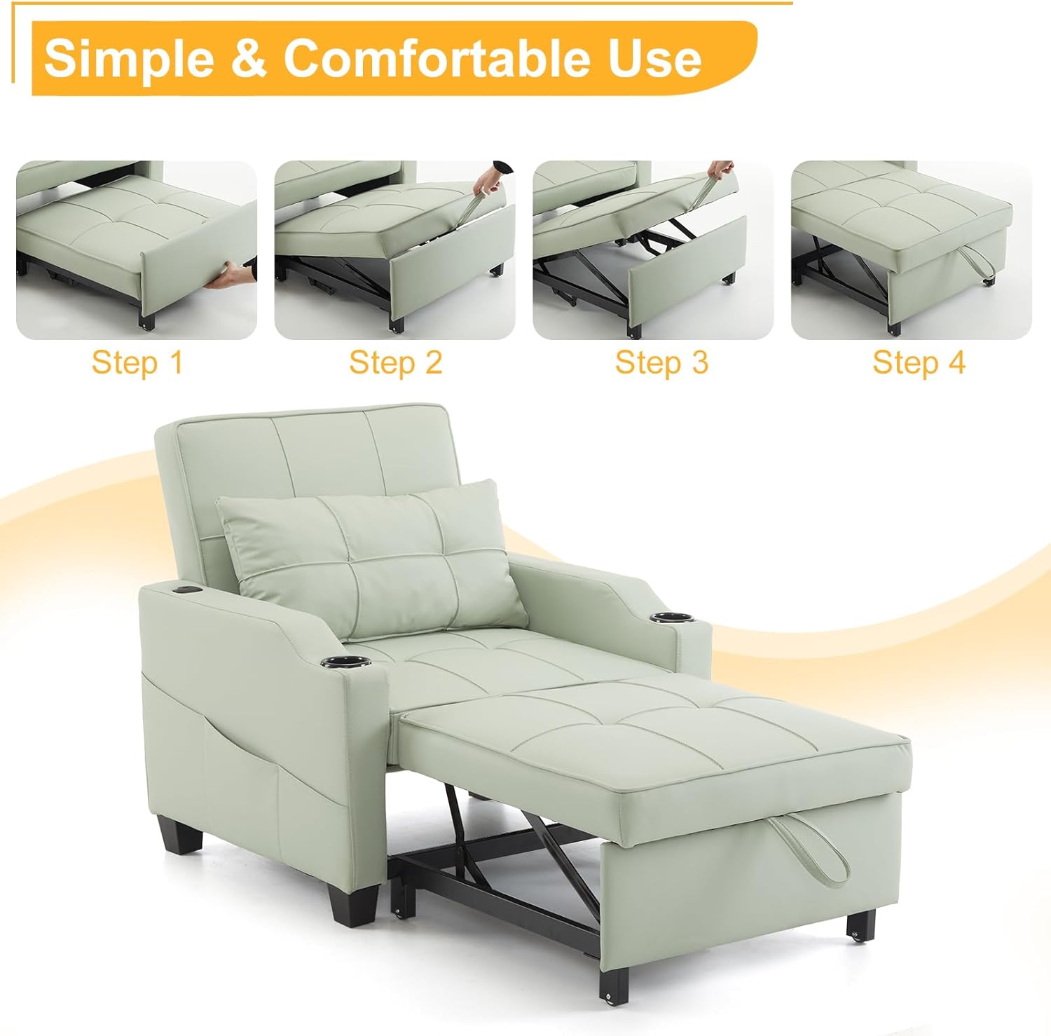 Karl home Sleeper Chair 3-in-1 Pull Out Sofa Bed with USB Ports, PU Leather Mint Green S3213