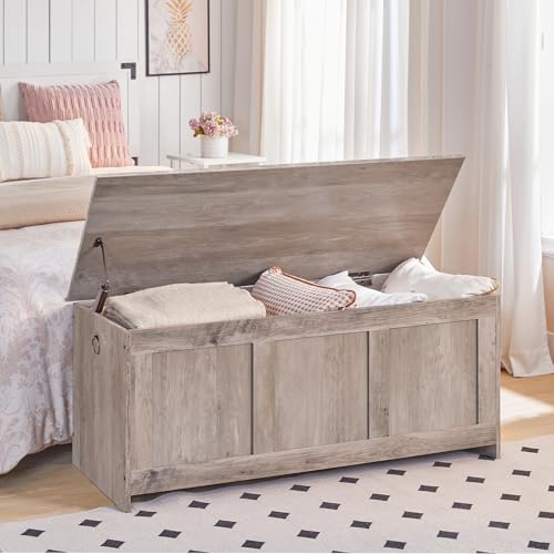 HOOBRO Storage Bench, 39.3" Retro Wooden Chest with Lift Top, White and Walnut C2921