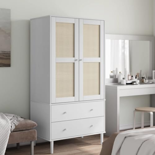 vidaXL Solid Pine Wood Wardrobe White Rattan Look U2650