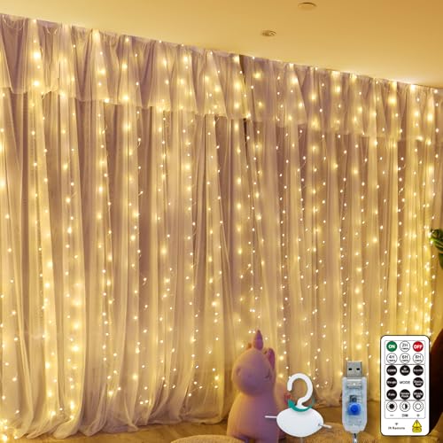 600LED Curtain Lights for Bedroom, Warm White, 8 Modes Y367582