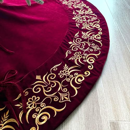 Burgundy Victorian Velvet Christmas Tree Skirt with Gold Damask Embroidery Q6345