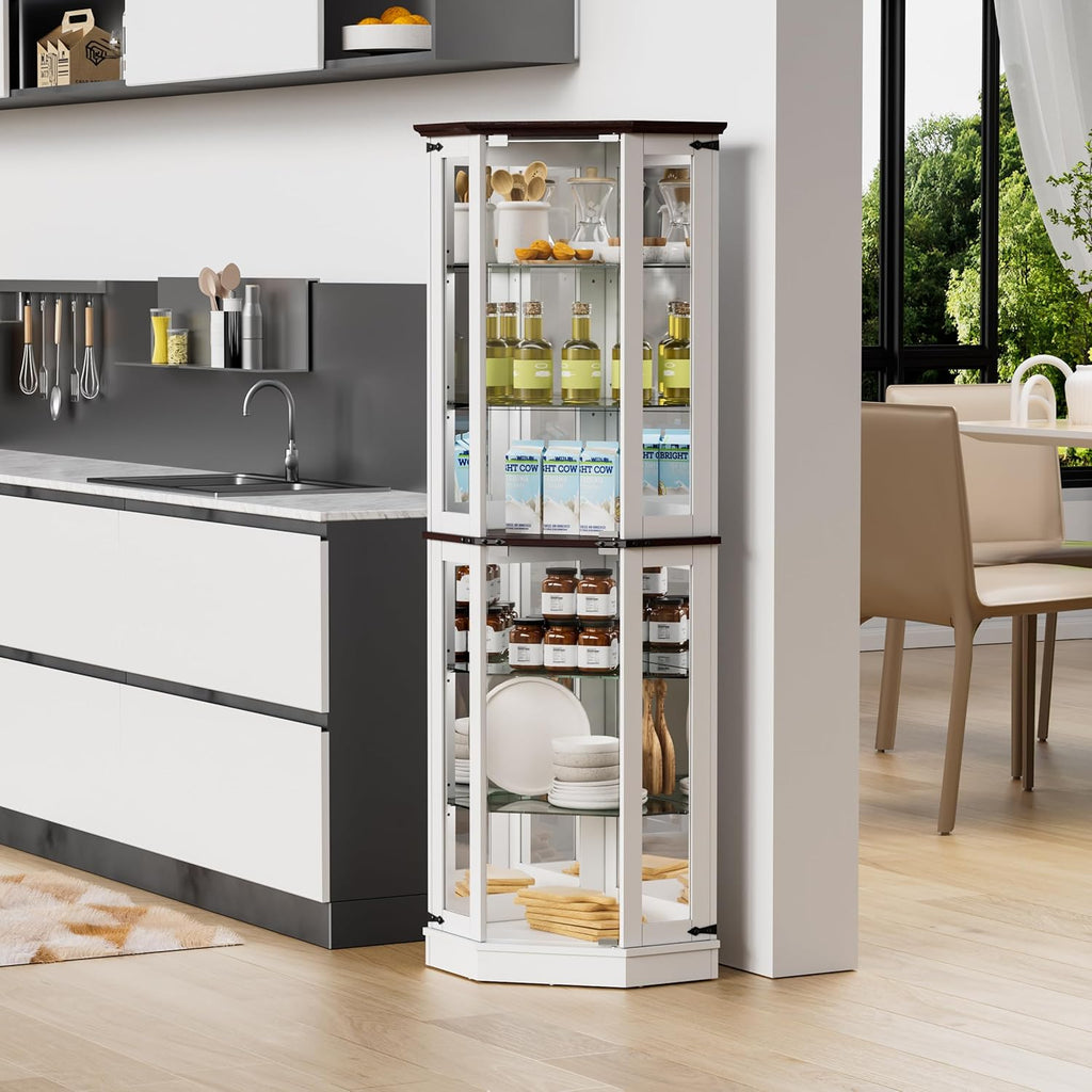 PAKASEPT 71'' Farmhouse Curio Cabinet with LED Lights, Tempered Glass Doors, White A458
