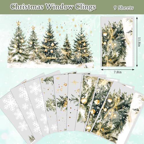 Whaline 9 Sheet Christmas Window Clings Snowy Forest Trees Reusable Window Decals H27510