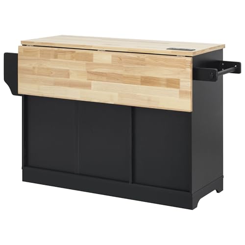 Merax Kitchen Island with Storage, Rolling Table with Drop Leaf, Black Z411