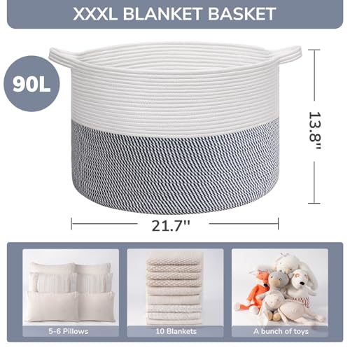 INDRESSME Large Cotton Rope Storage Basket with Handles, 90L Grey R37552