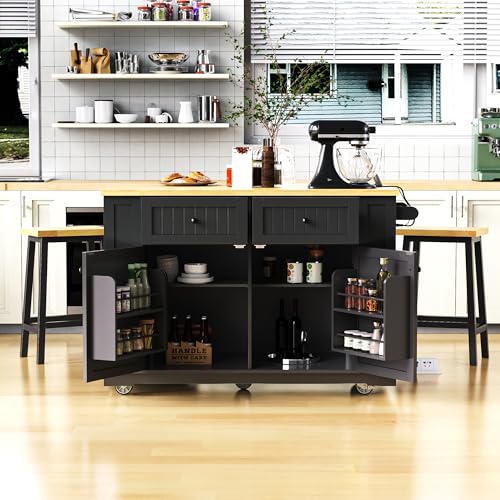 Ball & Cast 48" Kitchen Island with Power Outlet, Rolling Cart, Black H9509