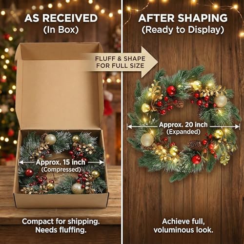 DomeStar 24 Inch Christmas Wreath with Lights, Outdoor Waterproof with Pine Cones C51545