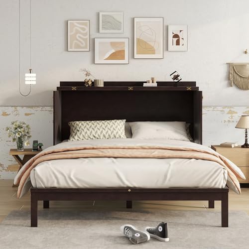 KEIKI Queen Murphy Bed Cabinet with Charging Station & Rattan Design S457376