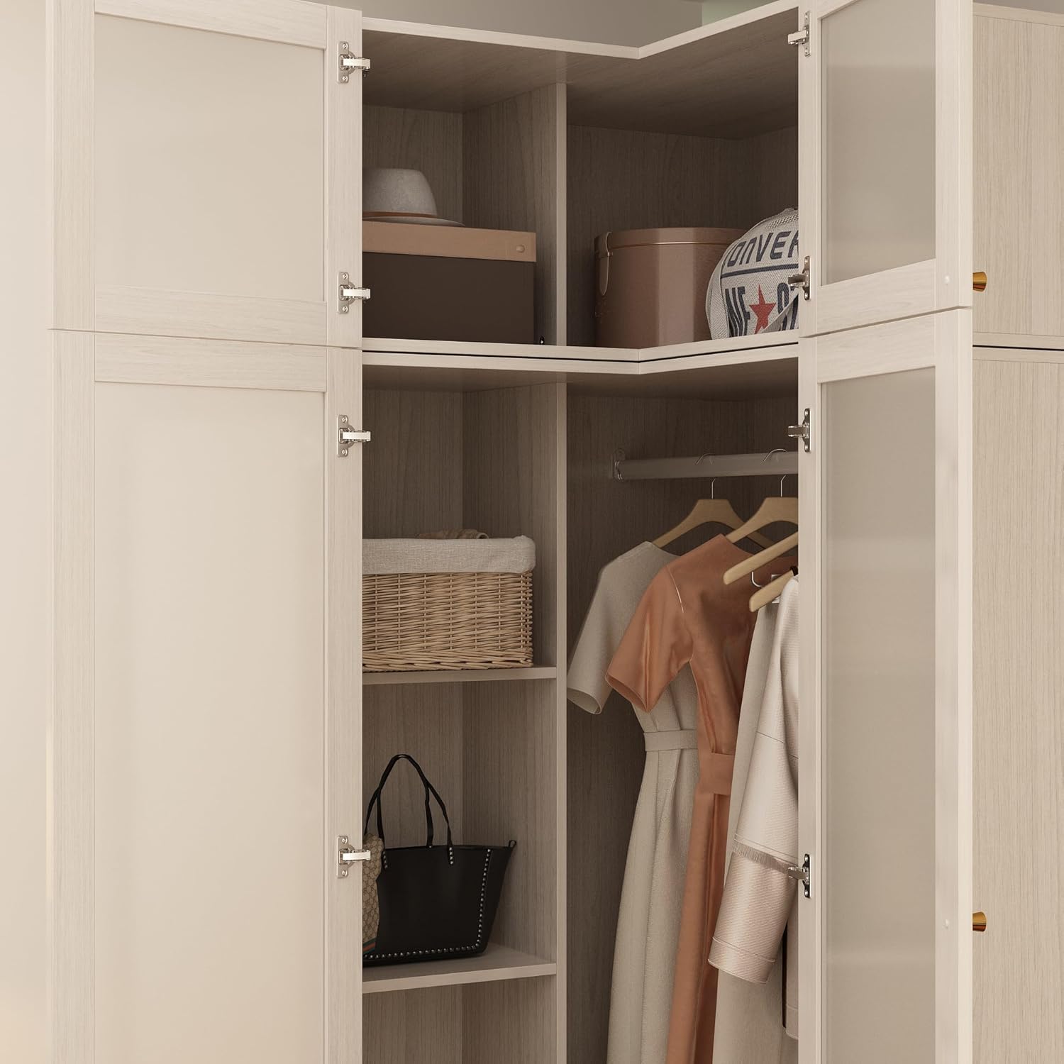 Homsee L-Shape Armoire Wardrobe with Frosted Glass Doors for Bedroom, Warm Grey C61970