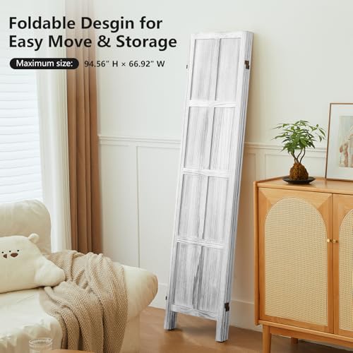 Wood Room Divider 4 Panel, 5.6 FT Tall Folding Privacy Screen, Retro White K4688