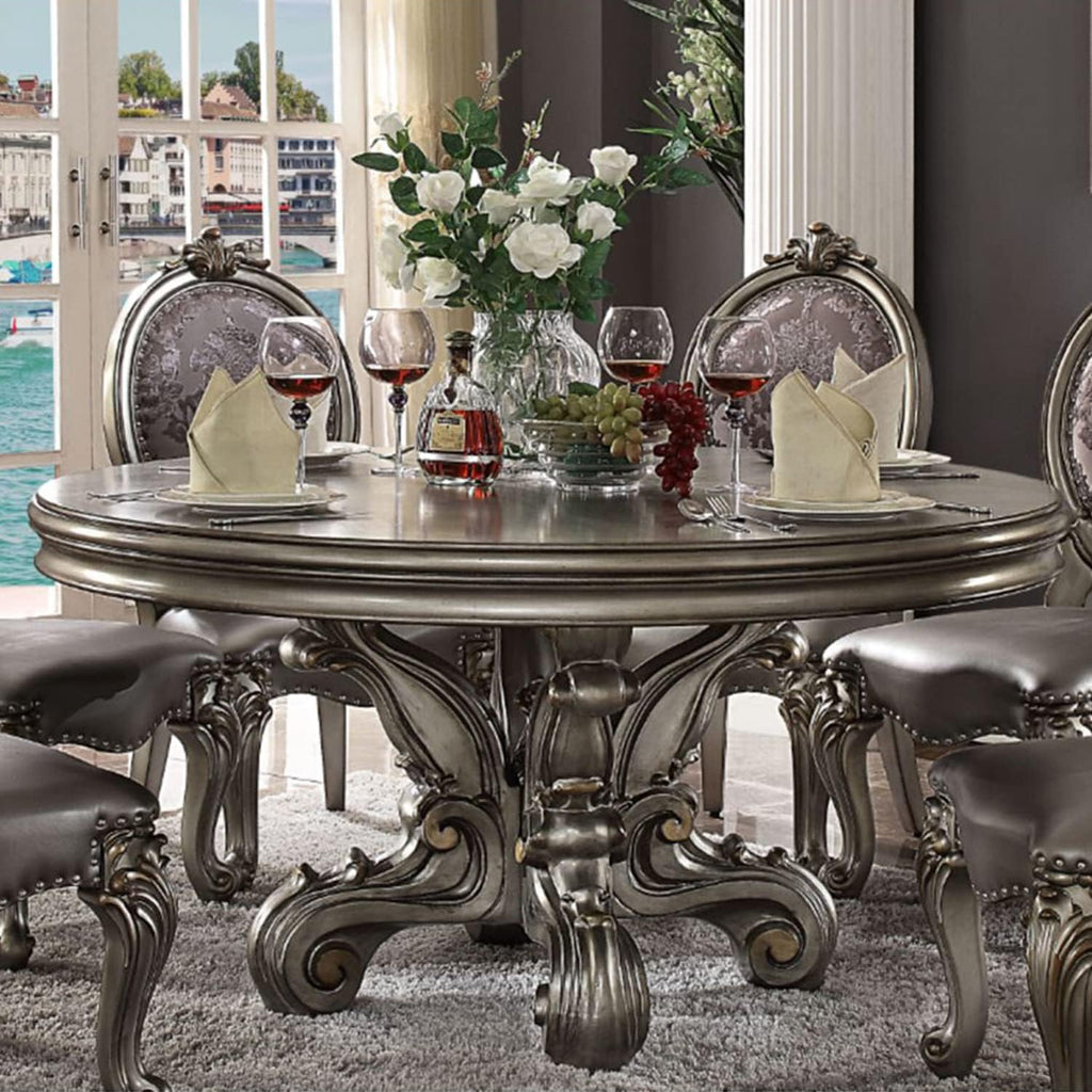 Acme Furniture Round Dining Table with Pedestal, Antique Platinum R246