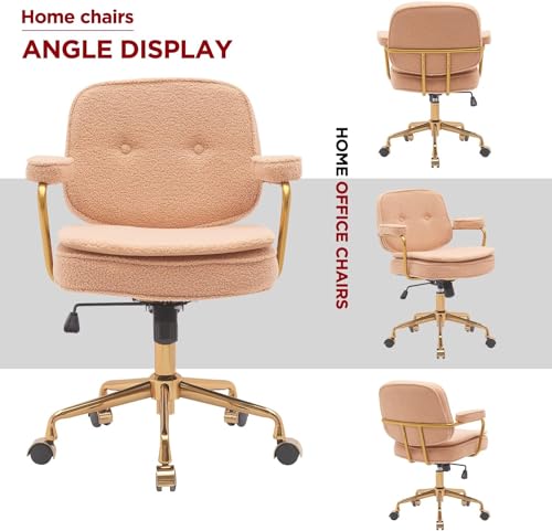 Boucle Desk Chair with Wheels and Arms, Gold Metal Legs, Teddy Chair for Girls and Women, Camel T741