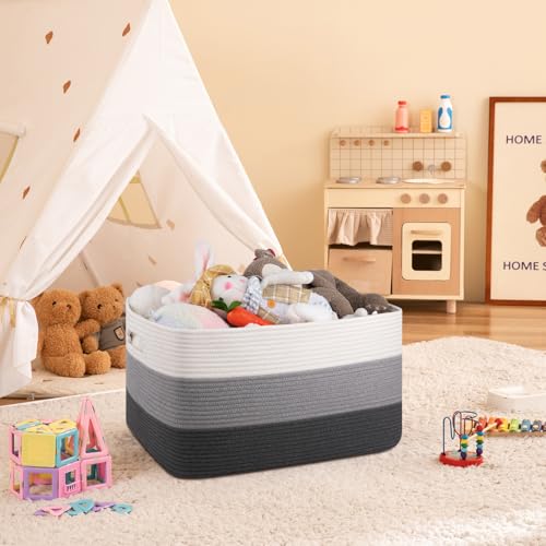 OIAHOMY Large Rectangle Woven Blanket Basket with Handle, Gradient Blue B58762