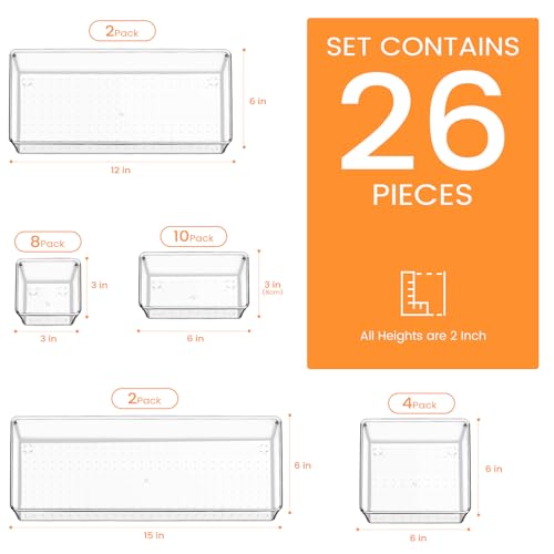Criusia Drawer Organizer, 10 Pack Clear Plastic Storage Bins, 3 Sizes I166