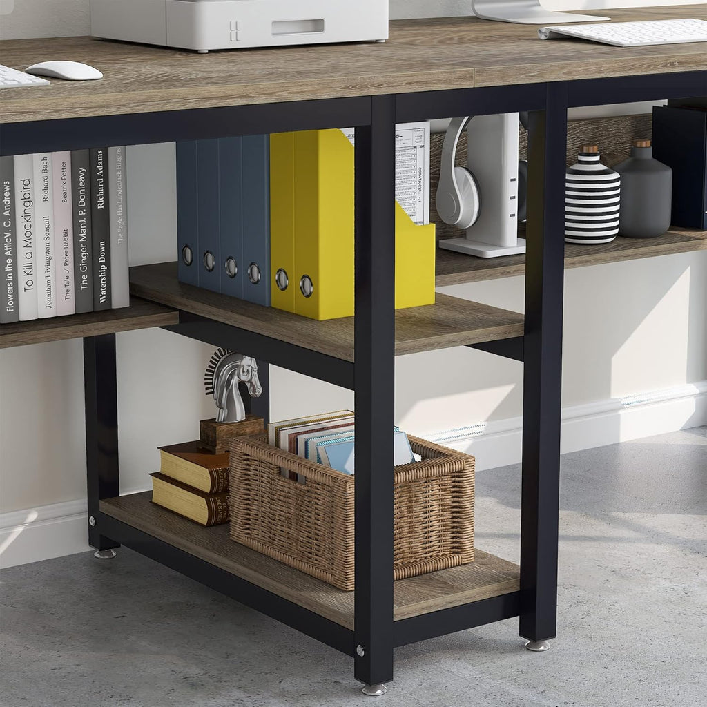 78.7" Two Person Desk with Bookshelf, Industrial Office Workstation W856