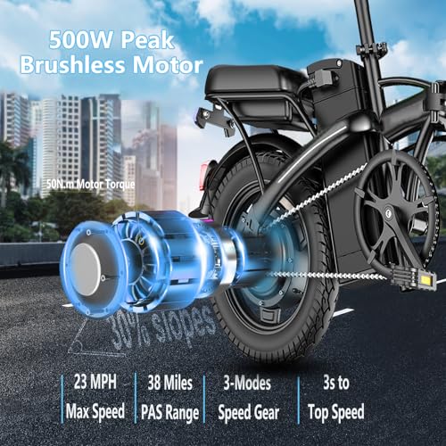Peak 500W Folding Electric Bike for Adults, 14" Mini Ebike with Removable Battery D85153
