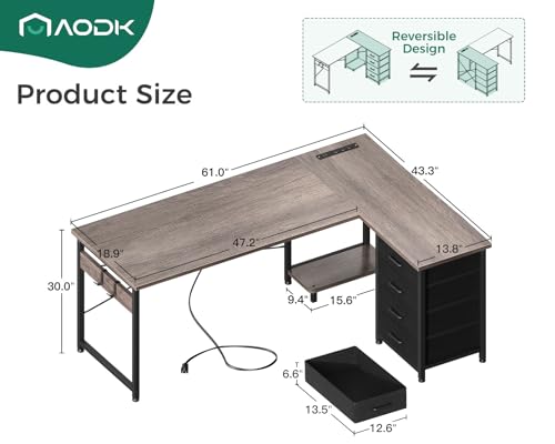 AODK L Shaped Gaming Desk with 4 Drawers, Power Outlets, Black P81263