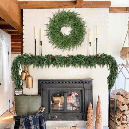Lush Christmas Wreath with Red Berries 24 inch Faux Cedar for Front Door P46434
