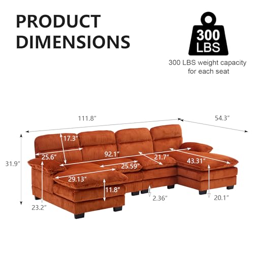 110" Corduroy U-Shaped Sectional Sofa with Double Chaise for Living Room C524