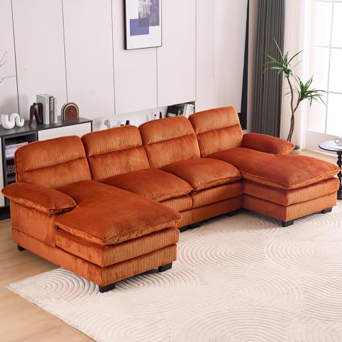 110" Sectional Sofa Cloud Couch for Living Room, Modern Corduroy U Shaped Couch, Comfy Modular Sofa Sleeper with Double Chaise & Memory Foam for Living Room Apartment（White）