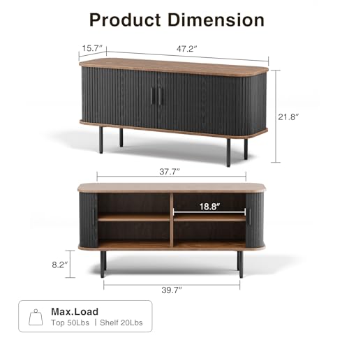 47''W Black Cabinet with Storage, Tambour TV Stand with Sliding Door W84852