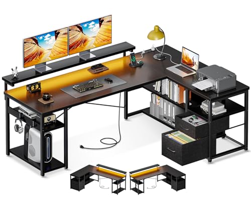 ODK L Shaped Gaming Desk with File Drawers, Reversible Computer Desk with Power Outlets & LED Lights, Home Office Desk with Storage Shelves, 61 Inch Bedroom Corner Desk with Monitor Stand, Grey