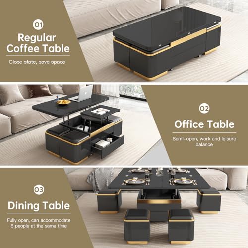 Lift Top Coffee Table with Storage and 4 Stools, Black C543603
