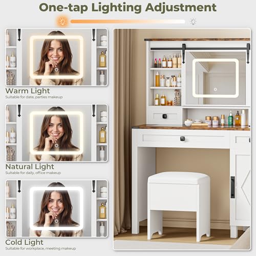 IRONCK Farmhouse Vanity Desk with Sliding Mirror & Lights, Glass Top, 4 Drawers & Stool F993