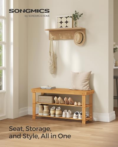 SONGMICS 3-Tier Bamboo Shoe Rack Bench, Entryway Storage, Ink Black X802