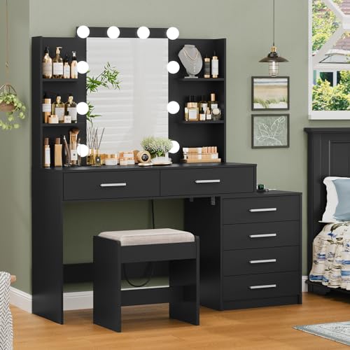 Quimoo Large Vanity Desk with LED Mirror & Power Outlet, White L335