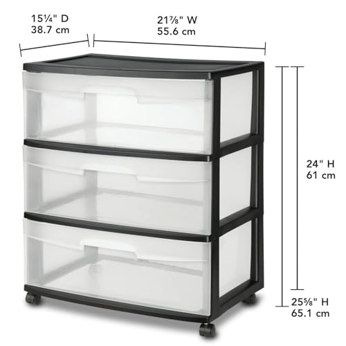 3-Drawer Wide Storage Cart – Black & Clear, Rolling Organizer G763474