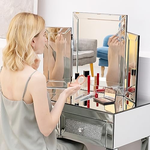 Mirrored Vanity Dressing Table Set with Stool and 2 Drawer Storage D261437