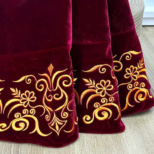 Burgundy Victorian Velvet Christmas Tree Skirt with Gold Damask Embroidery Q6345