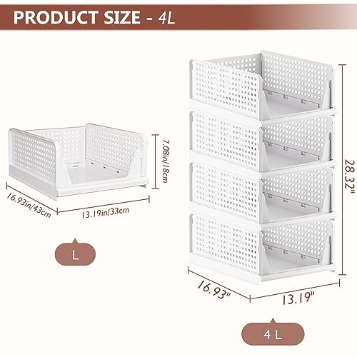 CTSNSLH 5 Pack Folding Closet Organizers Storage Box, Stackable Bins, White B5705