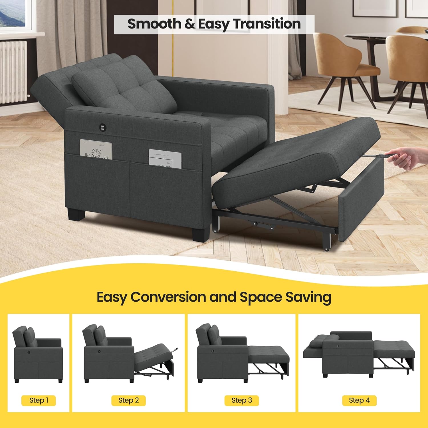 Yaheetech Convertible Chair Bed 3-in-1 Sleeper Sofa with USB Ports, Dark Gray D649285