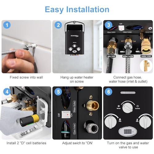 Portable Propane Tankless Water Heater 6L for RV Camping Boat Cabin Black S620171