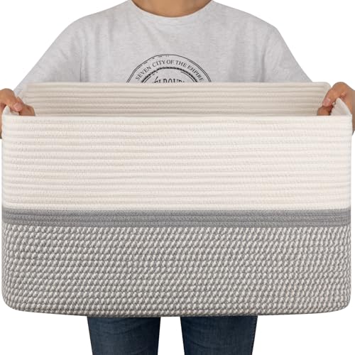 OIAHOMY Large Rectangle Woven Blanket Basket with Handle, Gradient Blue B58762