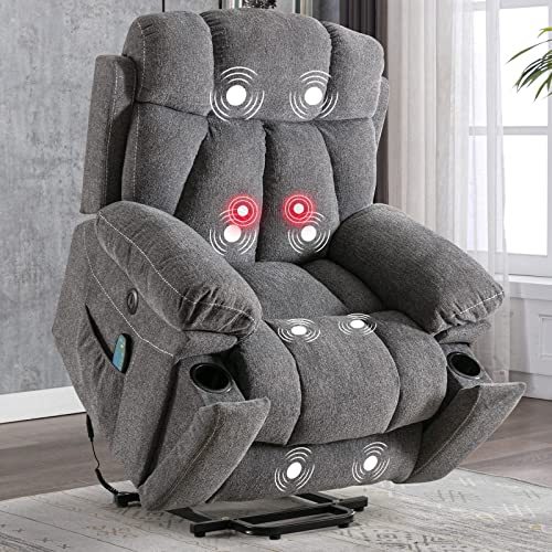 CANMOV Large Power Lift Recliner Chair with Massage and Heat for Elderly, Heavy Duty Motion Reclining Mechanism-Anti Skid Fabric Recliner Chair with 2 Concealed Cup Holders,Light Gray