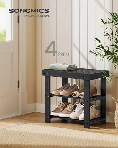 SONGMICS 3-Tier Bamboo Shoe Rack Bench, Entryway Storage, Ink Black X802