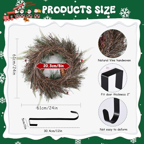 24 Inch Christmas Wreath with Red Ribbon and Pine Cones for Front Door D30392