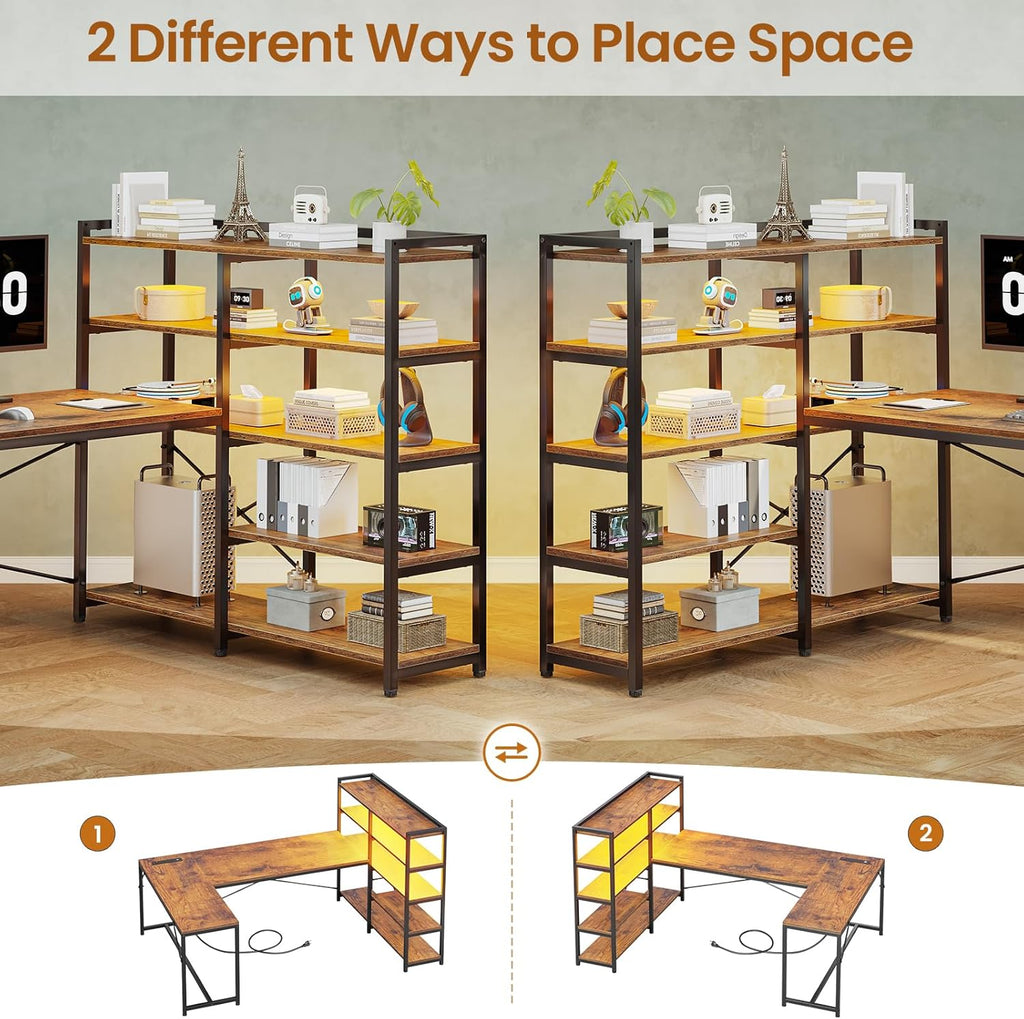 SEDETA L Shaped Computer Desk with Storage Shelves, Power Outlet & LED Light, Rustic Brown D399