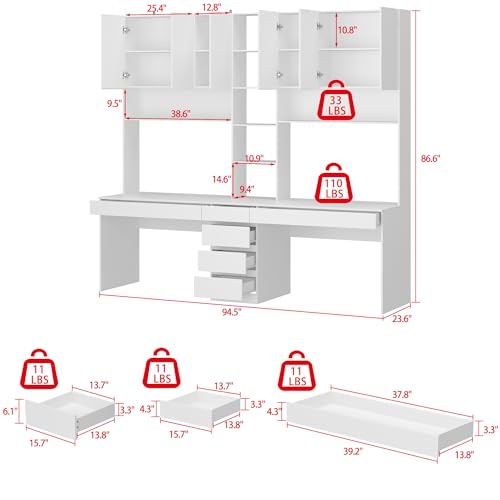 Homsee 2-in-1 Computer Desk for 2 Person with Tall Bookshelf, White R348017