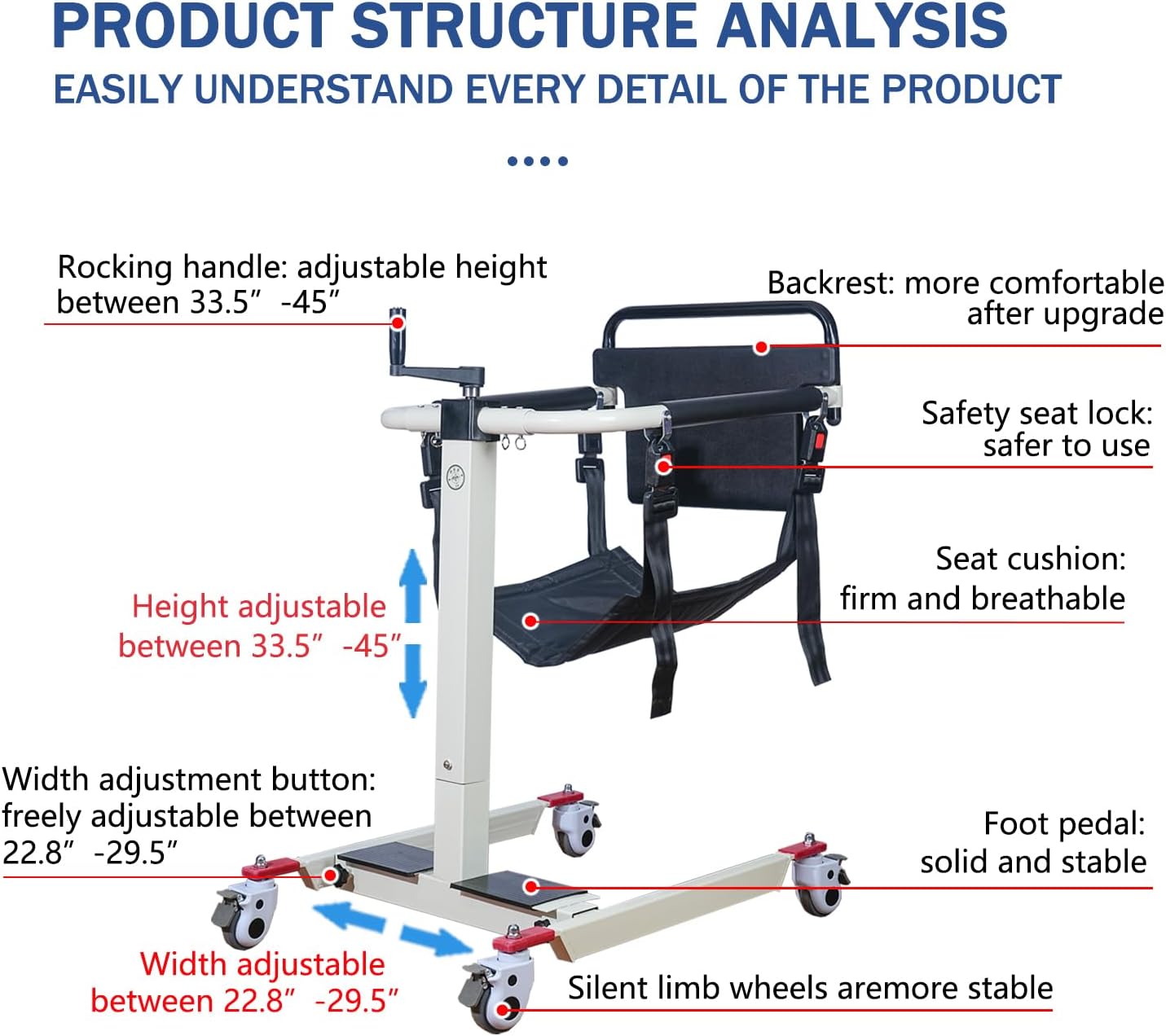 Patient Lift Transfer Chair, Height and Width Adjustable Wheelchair for Elderly and Disabled O77295