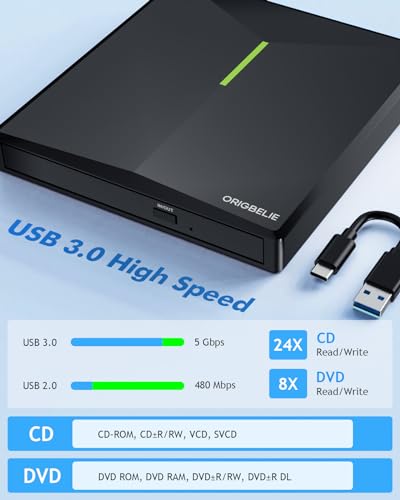 External CD DVD Drive for Laptop, USB 3.0 Type-C, Slim Portable Burner T70166