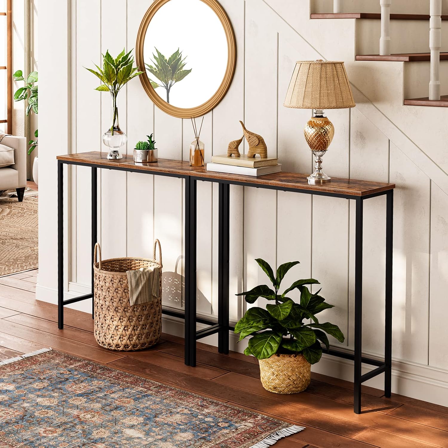 HOOBRO Narrow Console Table with 2 Fabric Drawers, Rustic Brown and Black X947644