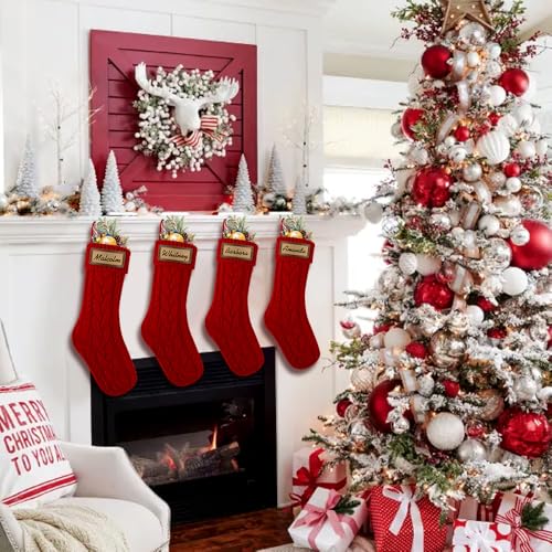 4PACK Christmas Stockings 18Inches Cable Knitted with Name Tags Red White U8263