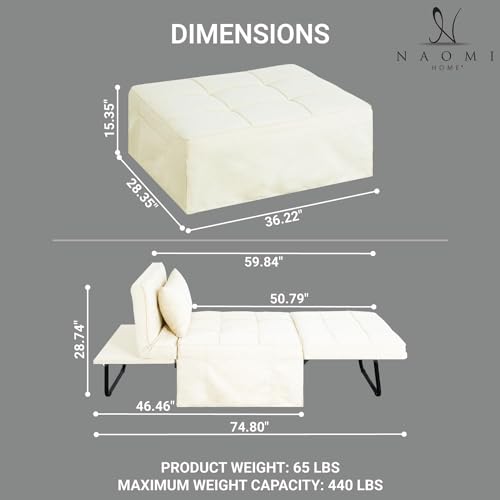 Sleeper Chair Bed 4-in-1 Convertible Ottoman Bed with Adjustable Backrest, White F38754