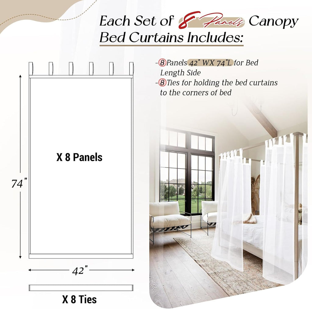 White Canopy Bed Curtains for King Queen Full Twin Bed Frame with Velcro A94372