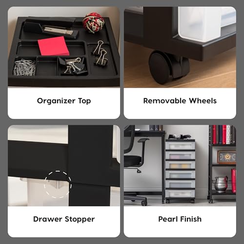 IRIS USA 4-Drawer Plastic Rolling Storage Cart with Wheels, Black/Pearl E270856